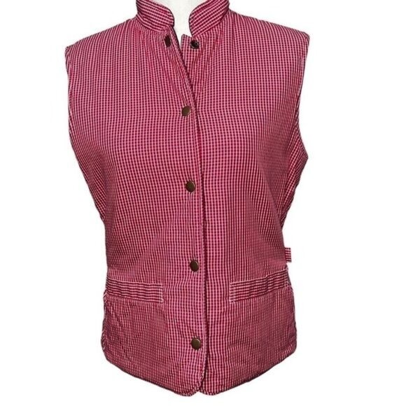 Reversible Quilted Gingham Print Solid Navy Womens Vest Snap Buttons Pockets S - Picture 5 of 12